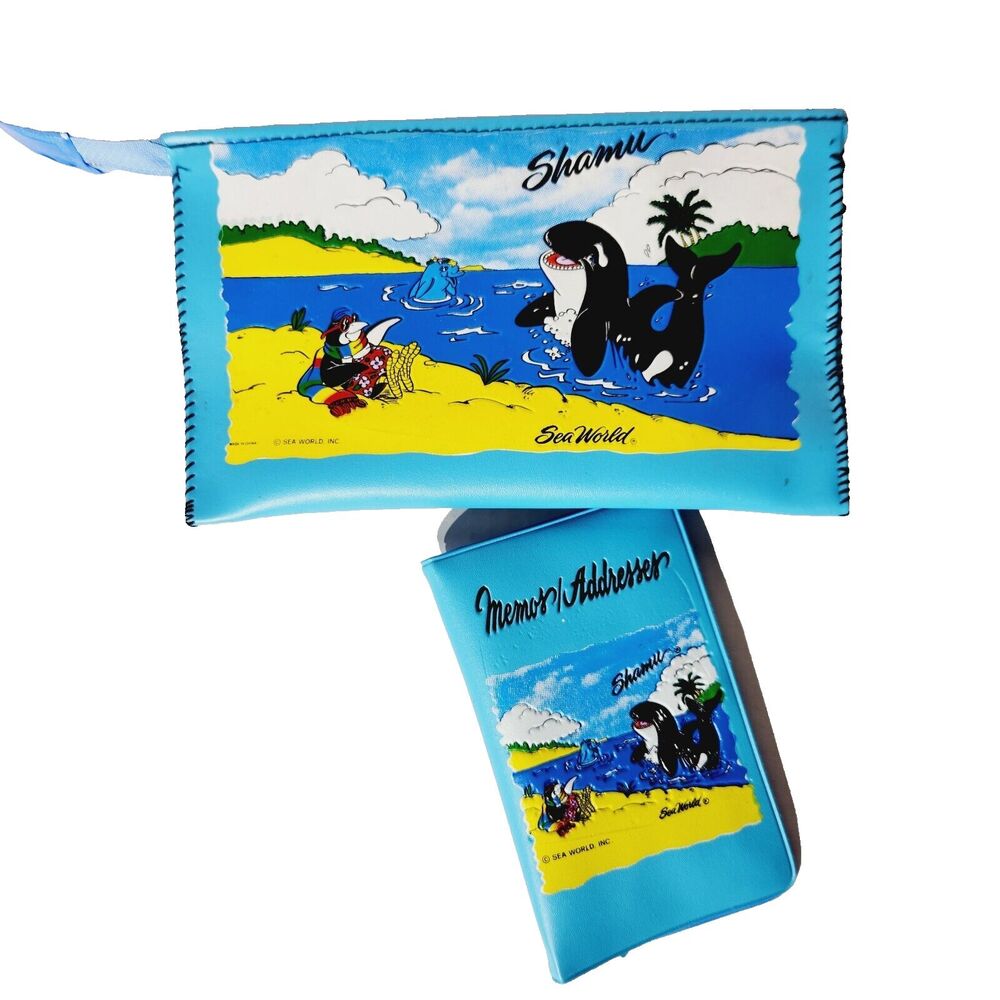Vtg Sea World Pencil Pouch Case Bag Memo Pad Shamu Whale Blue Office Supplies